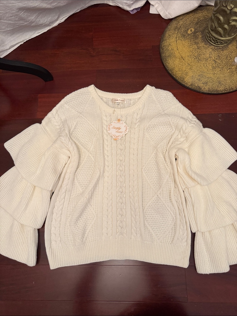 Simply Couture Ivory Cable Knit Sweater with Tiered Ruffle Sleeves